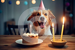 Cute dog wearing party hat celebrating it\'s birthday by the table.