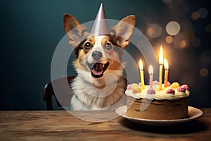 Cute dog wearing party hat celebrating it\'s birthday by the table.