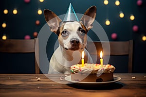 Cute dog wearing party hat celebrating it\'s birthday by the table.