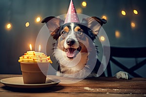 Cute dog wearing party hat celebrating it\'s birthday by the table.