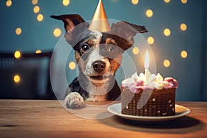 Cute dog wearing party hat celebrating it\'s birthday by the table.