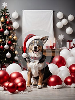Cute dog wearing Santa Claus red hat near the Christmas tree. Merry Christmas and Happy New Year decoration. Generative AI