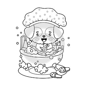Cute dog wearing shower cap bathes in bath with foam and rubber duck toys. Outline cartoon animal character. Line