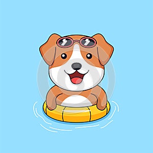 Cute dog wearing sunglasses and floating tire on swimming pool animal mascot cartoon vector illustration