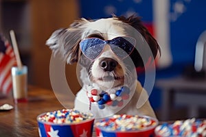Cute dog wearing sunglasses and smiling near party cake. Treat and decor for independence day