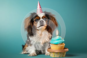 Cute dog wears party hat celebrating with birthday cupcake and birthday candle. Generative AI