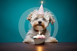 Cute dog wears party hat celebrating with birthday cupcake and birthday candle. Generative AI