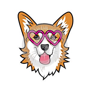 Cute dog welsh corgi face with pink glasses. Color vector illustration