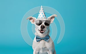 Cute dog in white Party Hat, bow tie and Sunglasses over blue background, bithday banner