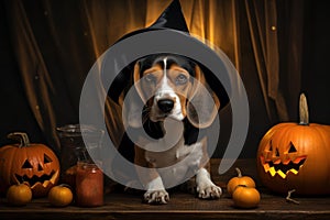 Cute dog in a witch\'s cap and with pumpkins in the background