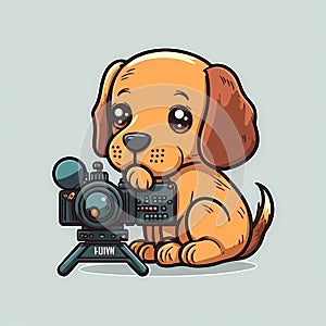 Cute doggy photographer with a camera on light background. Color illustration. Generative AI