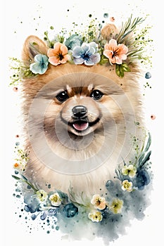 Cute doggy portrait with flowers crown. Watercolor baby animal print. Beautiful pet animal cartoon drawing poster. Funny