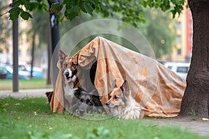 cute dogs and cats playing hide-and-seek in city park