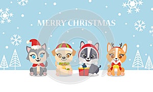 Cute dogs celebrates Christmas together greeting card
