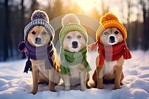 cute dogs decked out in stylish clothes playfully explore a snowy landscape.
