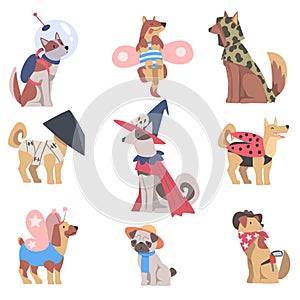 Cute Dogs of Different Breeds in Festive Costumes Set, Funny Pets Animals Dressed for Masquerade, Carnival, Party