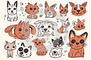 Cute dogs doodle vector set. Cartoon dog or puppy characters design collection with flat color in different poses. Set of funny