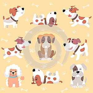 Cute dogs doodle vector set. Cartoon dog or puppy characters design collection with flat color in different poses. Set of funny
