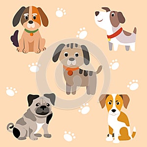 Cute dogs doodle vector set. Cartoon dog or puppy characters design collection with flat color in different poses. Set of funny