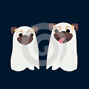Cute dogs dress up ghost suit. Little happy and scared pug puppys in Halloween costume. Ghost Costumes for Dogs. Vector cartoon