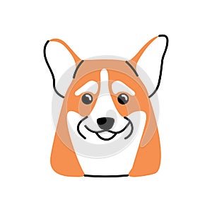 Cute dogs face avatar. Adorable doggy head portrait. Puppy snout of Corgi breed. Lovely funny pups muzzle. Purebred