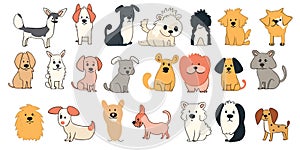 Cute dogs hand drawn vector set. Cartoon dog or puppy characters design collection with flat color in different poses.