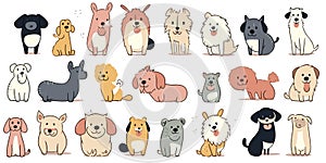 Cute dogs hand drawn vector set. Cartoon dog or puppy characters design collection with flat color in different poses.