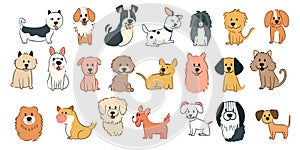 Cute dogs hand drawn vector set. Cartoon dog or puppy characters design collection with flat color in different poses.