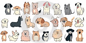 Cute dogs hand drawn vector set. Cartoon dog or puppy characters design collection with flat color in different poses.