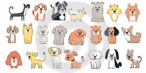 Cute dogs hand drawn vector set. Cartoon dog or puppy characters design collection with flat color in different poses.