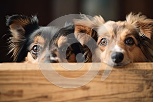 cute dogs looking out of a wooden box. Selective focus. Cute dogs peeking over a wooden board, AI Generated
