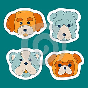 Cute dogs muzzle sticker set. Doodle color funny puppy faces. Dog heads. Different popular dog breeds