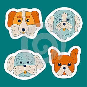 Cute dogs muzzle sticker set. Doodle color funny puppy faces. Dog heads. Different popular dog breeds
