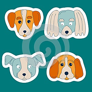 Cute dogs muzzle sticker set. Doodle color funny puppy faces. Dog heads. Different popular dog breeds