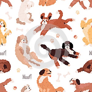 Cute dogs pattern. Seamless background with canine animals print. Repeating texture with labradoodle and goldendoodle