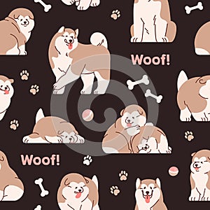 Cute dogs pattern. Seamless canine background with funny Alaskan malamutes print. Endless repeating woof texture with