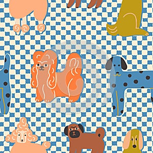 Cute dogs on a plaid seamless pattern vector. Set of funny cartoon dog and puppy pet.