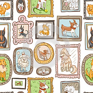 Cute dogs retro portraits seamless pattern. vintage vector background.