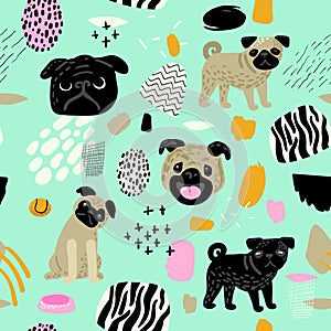 Cute Dogs Seamless Pattern. Childish Background with Pug Puppies and Abstract Elements. Baby Freehand Doodle for Fabric