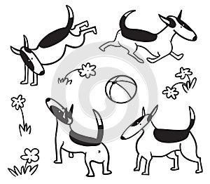 Cute dogs set. Bullterrier pet character in sketchy style. Vector illustration