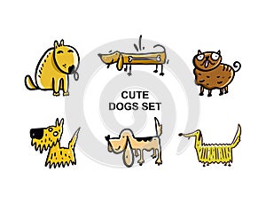 Cute Dogs set hand drawn vector illustration. Cartoon style. Cute animal. Isolated on white background.