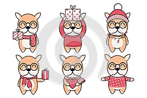 Cute Dogs set in winter scarf with gift box, heart and pink snow. New Year, Merry Christmas, Anniversary, Birthday, and Valentine