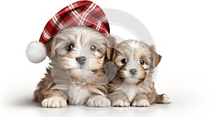 Cute dogs and their older ones in Santa hats in front of an isolated white background with copy space.