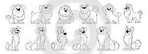 Cute Dogs Vector Set in Lineart Style. Cartoon Characters of Dogs or Puppies Creating a Collection with Different Breeds