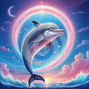 A cute dolphin in a big sea, with crescent moon in the night, twilight sky, cartoon