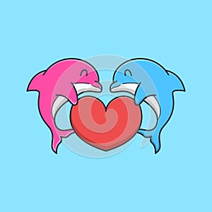 Cute dolphin couple holding love in their fins. isolated animal design concept. flat cartoon style premium vector