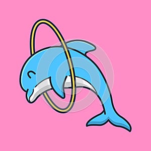 Cute dolphin are doing acrobatics jumping hula hoops. isolated animal design concept. flat cartoon style premium vector