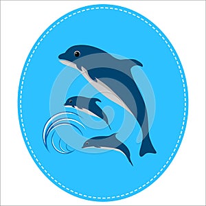 Cute dolphin fish happy jumping with wave in circle logo isolated white background vector illustration