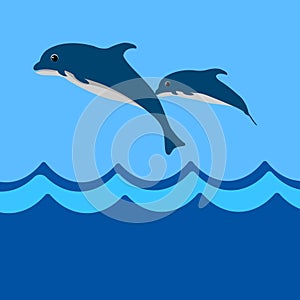 cute dolphin fish happy jumping with wave vector