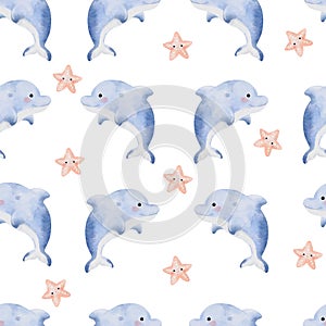 Cute Dolphin Seamless Pattern on white background illustration